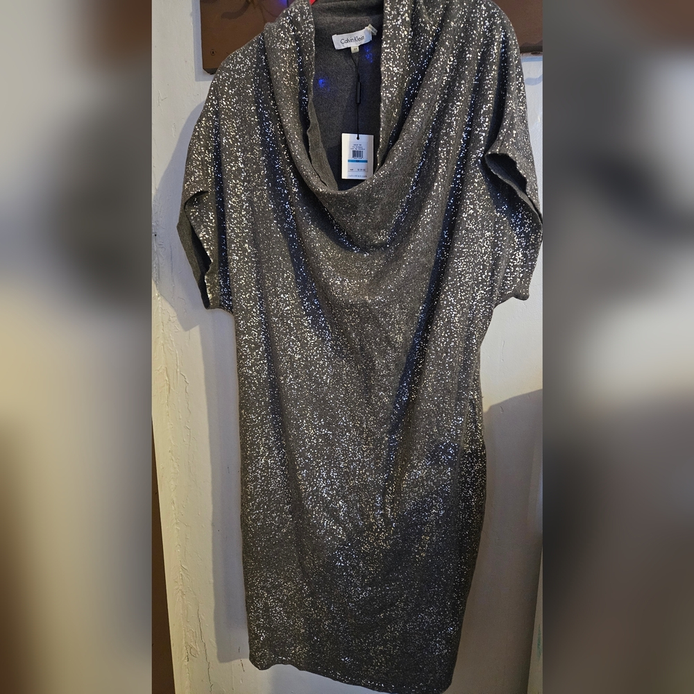 CALVIN KLEIN Sparkling Silver Sweater Dress sz0X NWT